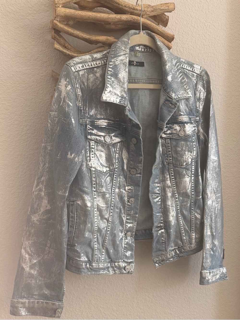 limited Metallic Denim trucker Jacket Women Coat Sz M 8 10 Seven FOR ALL MANKIND